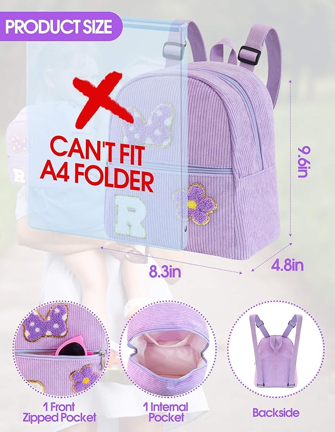 2 3 4 5 6 Year Old Girl Gifts Chenille Initial Mouse Bow Mini Backpack, Corduroy Toddler Backpacks Christmas Birthday Gifts for Girls 2-4 5-6, Purple Mini Diaper Bag Must Haves for Park Travel R