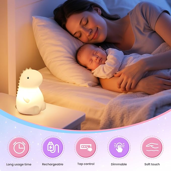 loatme Night Light for Kids, Rechargeable Dimmable Silicone LED Nightlight with 7 Colors, Baby Nursery Night Lamp, Touch Squishy Lamp, Cute Gifts for Girls, Boys, Toddler Room Decor, Dinosaur