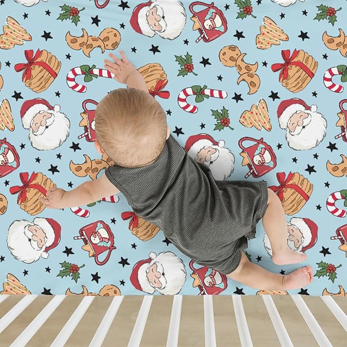 Sweet Christmas Blue Baby Crib Sheets for Boy Girl 52x28 Santa Claus Cherry Fir Candy Soft Snug Fitted Crib Mattress Cover Winter Holiday Festival Baby Sheet for Standard Crib & Toddler Bed Mattress