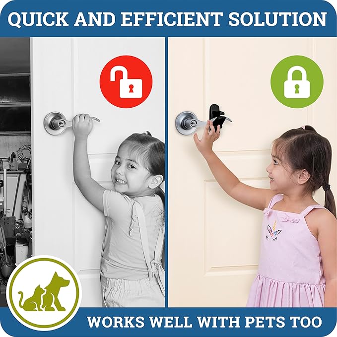Door Lever Lock (4 Pack) Prevents Toddlers from Opening Doors. 3.25" L * 1.5" W * 4.5" H Easy One Hand Operation for Adults. Durable ABS with 3M Adhesive Backing. Simple Install (Black)