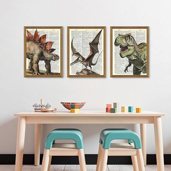 Ovczax 3 Pieces Dinosaur Wall Art - Dinosaur Room Decor, Tyrannosaurus Rex, Pterodactyl, Stegosaurus Canvas Wall Art Poster 16" x 12" With Framed