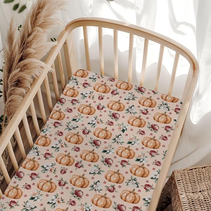 Vintage Floral Pumpkin Fall Baby Crib Sheets for Boy Girl 52x28 Pastel Pumpkins Flower Soft Snug Fitted Crib Mattress Cover Autumn Thanksgiving Harvest Baby Sheet for Standard Crib & Toddler Mattress