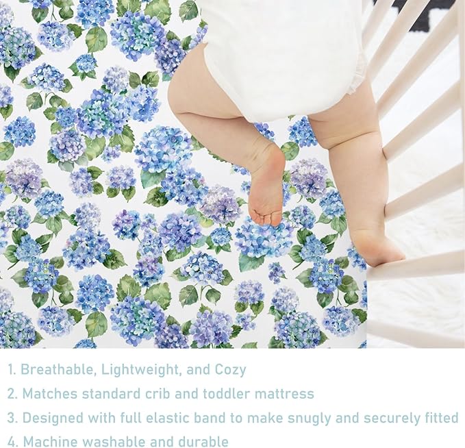 Blue Hydrangea Floral Baby Crib Sheets 52''x28'' Watercolor Flowers Painting Snug Fitted Crib Mattress Cover for Boy Girl Wild Floral Soft Nursery Bed Sheets for Standard Crib and Toddler Mattress
