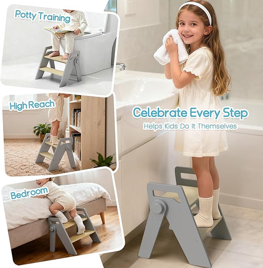 HOMEKOL Toddler Kids Step Stool: Wooden 2 Step Stool for Bathroom Sink, Foldable, Grey