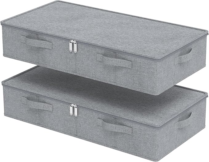 ENUMAIL Underbed Storage Bin, Foldable Under Bed Flat Baskets Organizer, Container boxes with Lid for Organizing Clothes, Sheets, Blankets, Comforter, 31.4x15.7x5.9in, Grey, 2 Pack
