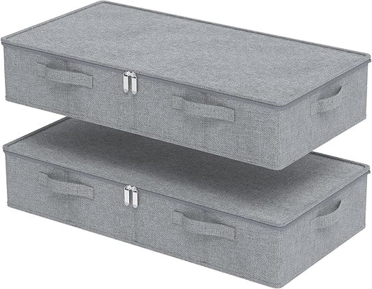 ENUMAIL Underbed Storage Bin, Foldable Under Bed Flat Baskets Organizer, Container boxes with Lid for Organizing Clothes, Sheets, Blankets, Comforter, 31.4x15.7x5.9in, Grey, 2 Pack