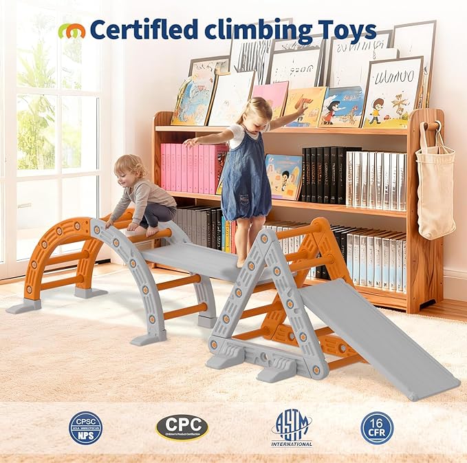 9-in-1 Pikler Triangle Set, HDPE PP Plastic Montessori Climbing Set, Durable 1-8 Toddler Climbing Toys Indoor with Arch, Ramp, Ladder & Slide, Indoor Playground Jungle Gym Playset for Toddlers, Orange