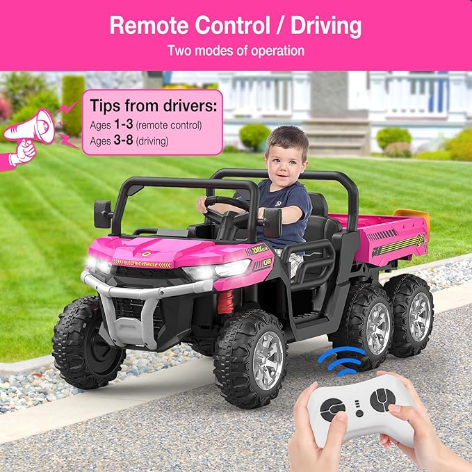 2-Seater Kids Ride On Dump Truck, 75W Electric Ride On UTV Toys with Remote Control, Dump Bed, PP Tire x 6, LED Light & Music, 24V 4WD Power Ride On Truck Car for Boys Girls (Red)