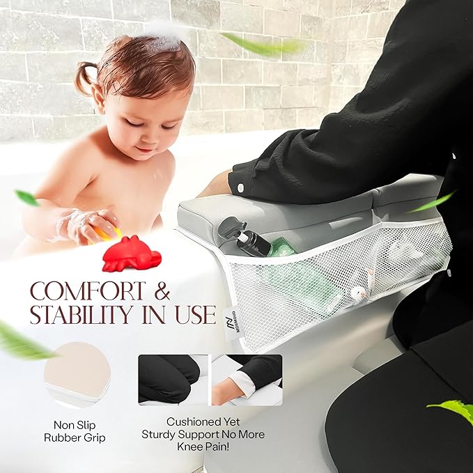Baby Bath Kneeler & Elbow Rest Pad Set | Extra Thick 1.5” Foam That Relieves Knee & Elbow Pressure | Non-Slip Suction Stability | Machine Washable, Quick-Dry | Brush & Washcloth Gift Included