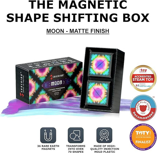 SHASHIBO Shape Shifting Box - Award-Winning, Patented Fidget Cube w/ 36 Rare Earth Magnets - Transforms Into Over 70 Shapes, Gift Box, Download Fun in Motion Toys Mobile App (Moon, 2 Pack)