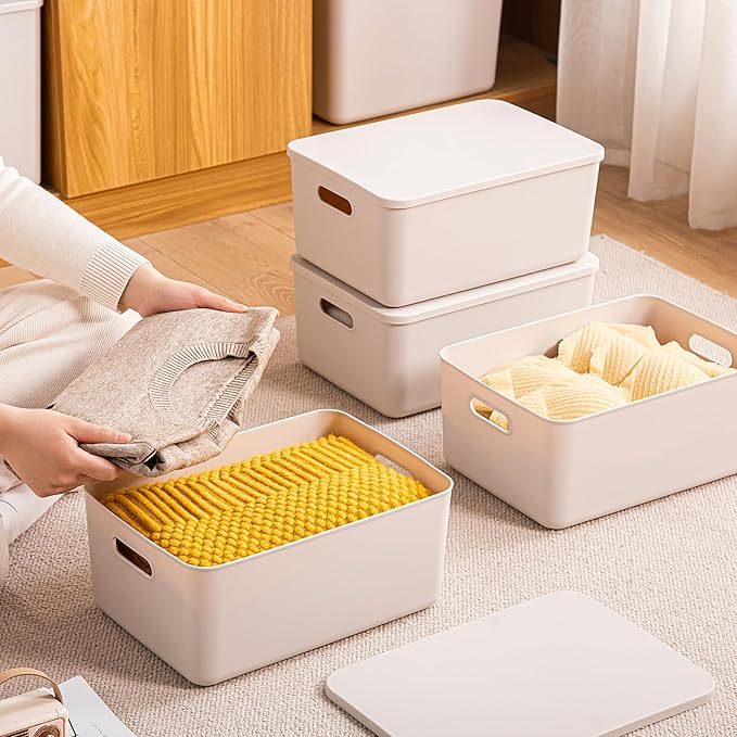 GUMEIGODA Plastic Storage Bins with lids,Storage Baskets,Container with handle,Storage Organizer Bins for Shelves,Office,Bedrooms,Closets, Cabinets(Gray, 3M)