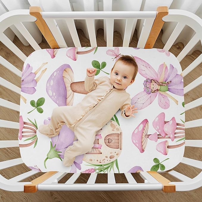 Butterflies Fairy House Crib Sheets Soft Breathable Fitted Baby Crib Sheets Mattress Cover for Girls Boys, 52" x 28" x 9"