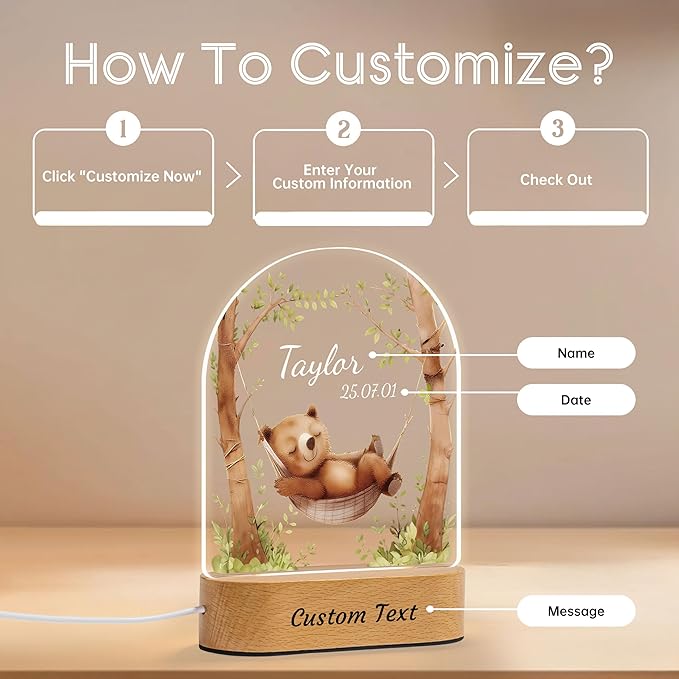 IOUMAM Personalized Baby Gifts for Kids Cute Bear Name Night Light for Boys Girls, Custom LED Acrylic Plaque Lamp for Toddler, Christmas Newborn Baby Shower Gifts for Children's Room Nursery Decor