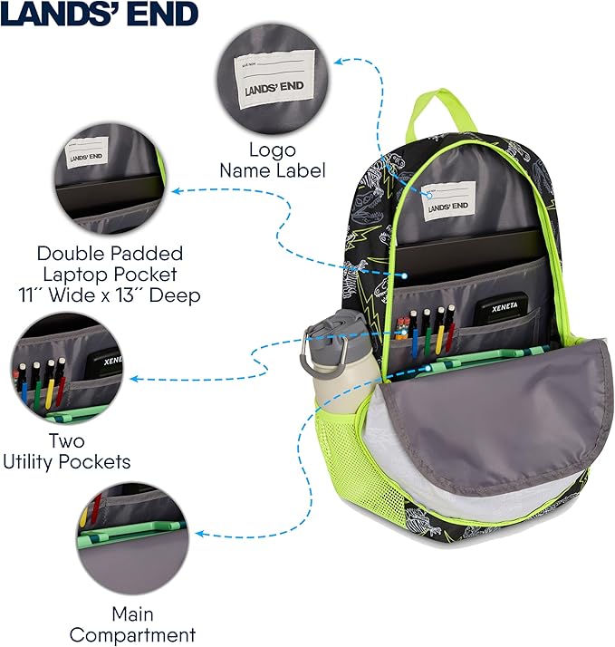 Lands' End Unisex Kids Medium ClassMate Lightweight Durable Elementary School Backpack, Black Highlight