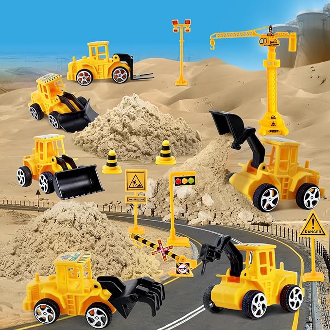 ESSENSON Construction Sensory Bin - Play Sand Kit with Toy Truck and 4lbs Magical Sand, Pretend Play Beach Sensory Toy Sandbox, Kids Gifts for Girls and Boys