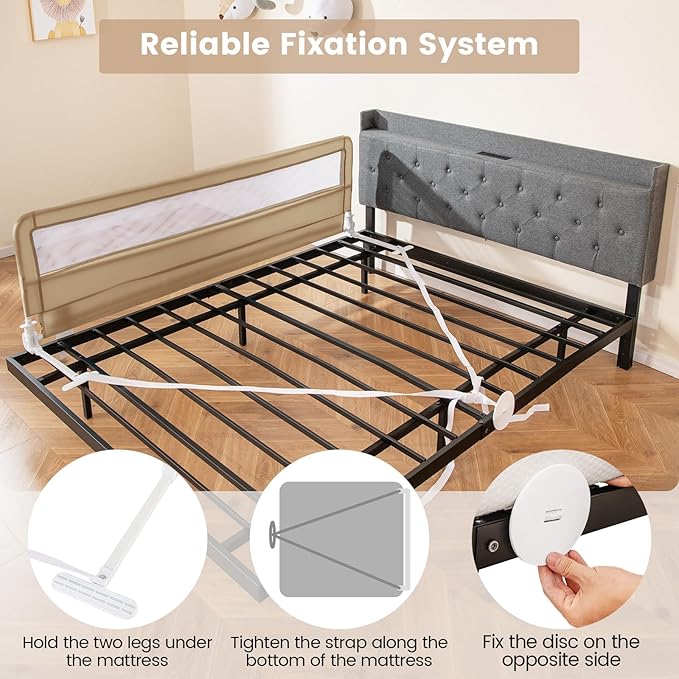 HONEY JOY Bed Rail for Toddlers, 71-in Extra Long, Portable Safety Bed Guardrail w/Double Safety Child Lock, Foldable Baby Bed Rail Guard, Fit King & Queen Full Twin Size Bed Mattress(Beige, Pack 1)