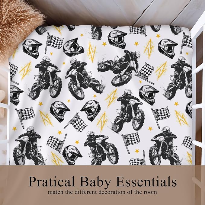 Watercolor Motorcross Bike Helmets Black Baby Crib Sheet for Boys & Girls 52x28Inch Race Motor Checkered Flag Baby Sheet for Standard Crib and Toddler Race Bed Sheet Motor One Size