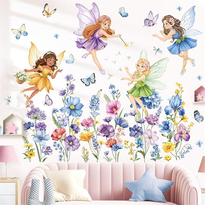 decalmile Purple Flower Fairy Wall Stickers Watercolor Floral Butterfly Elf Wall Decals Baby Nursery Bedroom Girls Room Home Decor