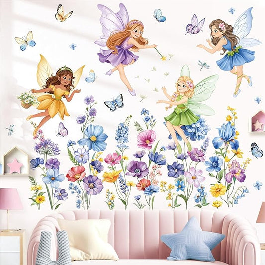 decalmile Purple Flower Fairy Wall Stickers Watercolor Floral Butterfly Elf Wall Decals Baby Nursery Bedroom Girls Room Home Decor