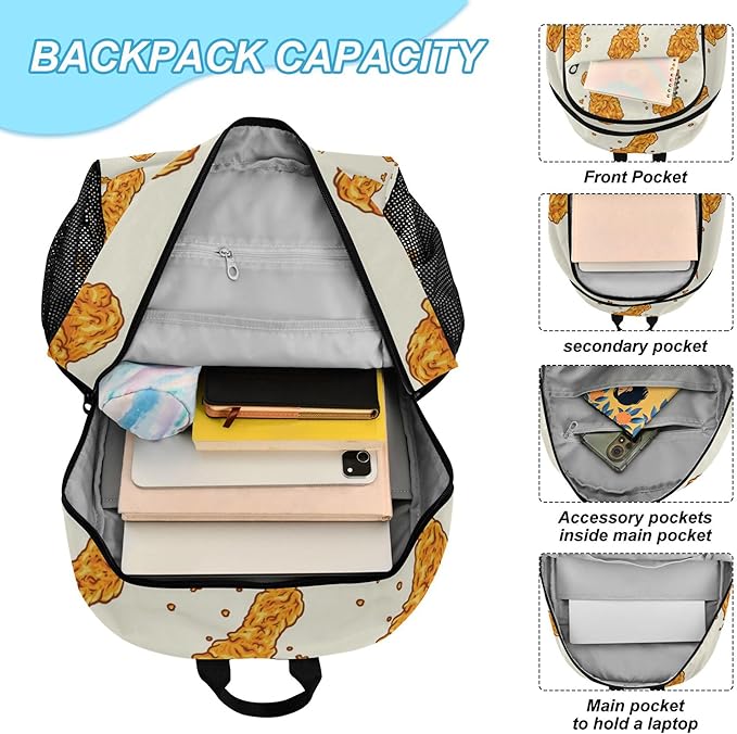 Jucciaco Fried Chicken Backpack with Lunch Bag, School Travel Backpack for Boys Girls Kids Backpacks Set