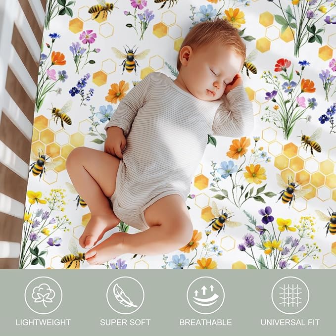 Boho Wildflower Bees Honeycomb Baby Crib Sheets for Boy Girl 52x28Inch Watercolor Honeybee Floral Soft Snug Fitted Crib Mattress Cover Summer Baby Sheet for Standard Crib & Toddler Mattress 2 Pack