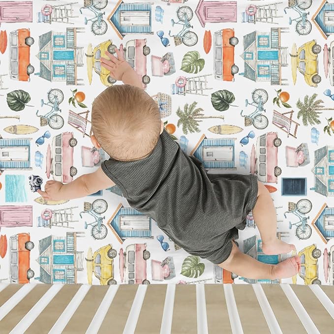 Watercolor Summer Travel Baby Crib Sheets Boy Girl 52x28Inch Boho Hippie Beach House Surfboard Palm Car Soft Snug Fitted Crib Mattress Cover Beach Days Baby Sheet for Standard Crib & Toddler Mattress