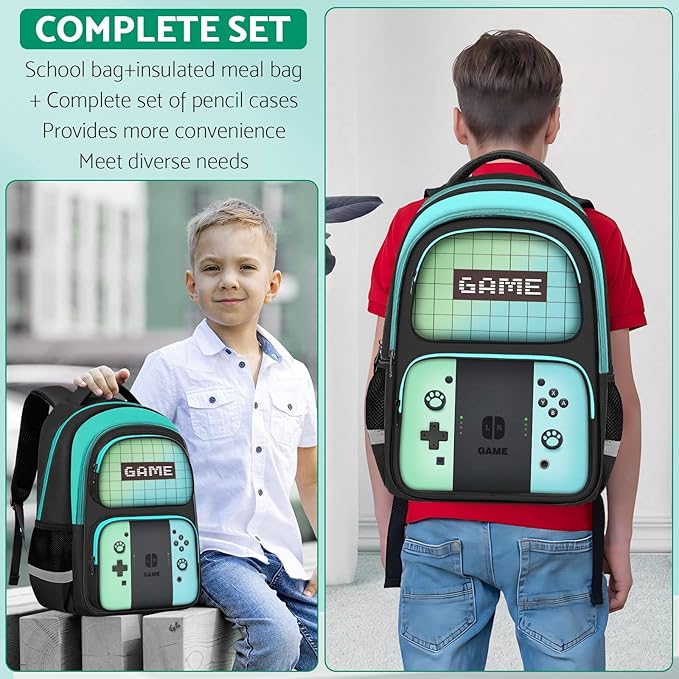 JIRAIKEI Kids Backpack For Boys，Gamer Boys Backpack For Children Teens Elementary Middle School, 17″ Students Bookbag