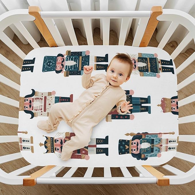 Christmas Nutcrackers White Crib Sheets Soft Breathable Fitted Baby Crib Sheets Mattress Cover for Girls Boys, 52" x 28" x 9"