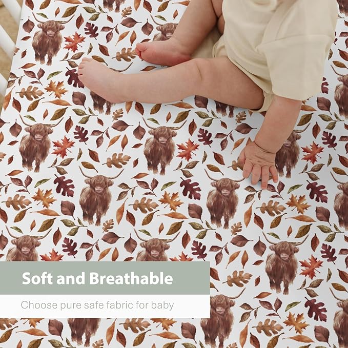 Autumn Highland Cow Fall Leaves Baby Crib Sheets for Boy Girl 28"x52" Yak Maple Leaves Soft Snug Fitted Crib Mattress Cover Thanksgiving Farm Animal Baby Sheet for Standard Crib & Toddler Bed Mattress