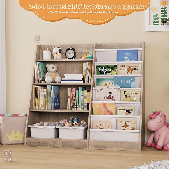 HedoAjim Kids Bookshelf Wood Toy Storage Organizer Cabinet Children Bookcase Toddler Baby Sling Book Rack Adjustable Shelf for Playroom Bedroom Nursery Hallway School Kindergarten