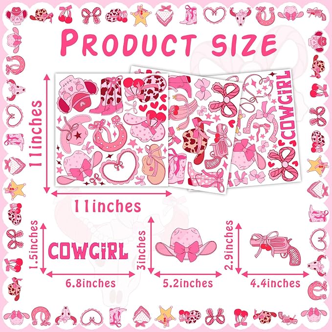 Cowgirl Stickers for Wall Cowgirl Balloon Arch Decoration Vinyl Decals Pink Girls Room Wall Decal Peel and Stick Western Hat Boot Sticker Retro Cherry Bow Art Murals for Kids Bedroom Farmhouse Gifts