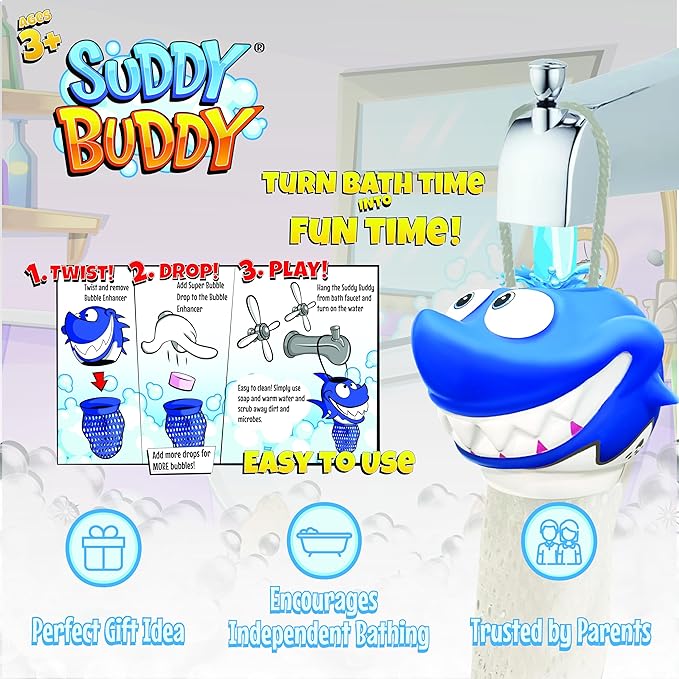 Suddy Buddy® Bubble Bath Toy, Kids Ages 3+, Boys and Girls, Safe & Clean, Collect All Four. Includes: 1 Character Bubble soap Dispenser, 1 Trading Card, and 3 Super Bubble Drops. Shark
