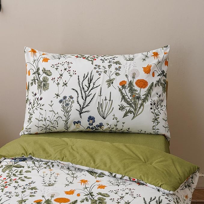 KAREVER Botanical Toddler Bedding Set Flower Print 4 Pieces Crib Bed Set Kids White Green Floral Comforter Set