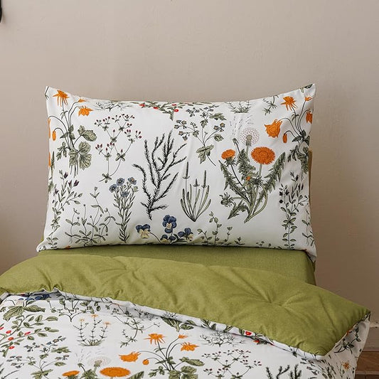 KAREVER Botanical Toddler Bedding Set Flower Print 4 Pieces Crib Bed Set Kids White Green Floral Comforter Set