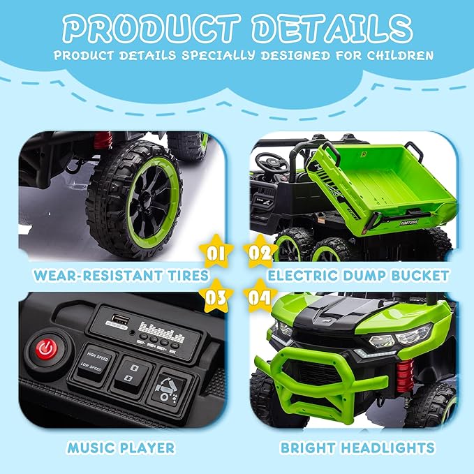 24V 2 Seater 4WD 6x6 Ride On Dump Truck with Remote Control, Ride on Toys for Big Kids with 20inch Seat, 3 Speeds, 4X100 Motors, Music, Ride on Truck for Toddler Boys Girls, Green