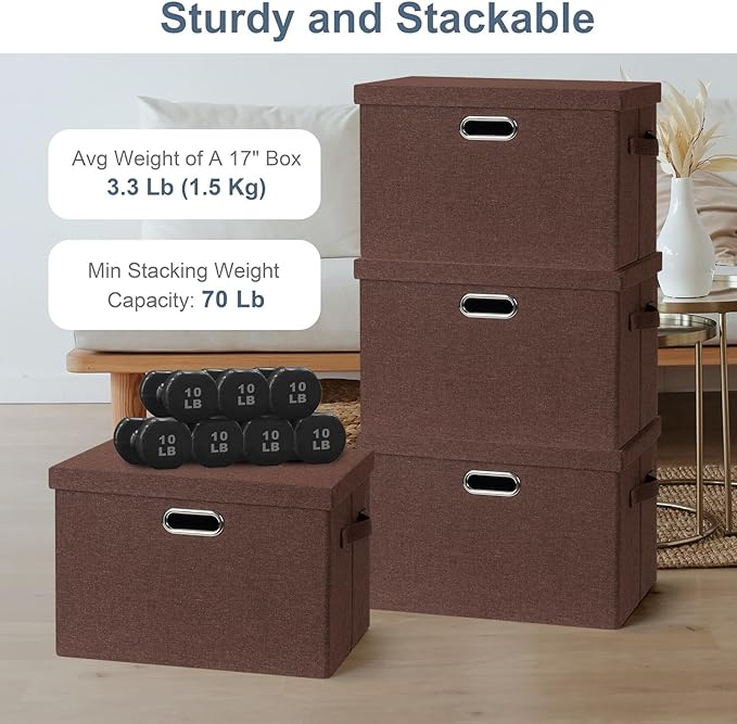 Graciadeco Large 17" 36 Quart Collapsible Stackable Storage Bins with Lids, 3 Packs Dark red Foldable Fabric Closet Storage Boxes with Lids, Heavy-duty Linen Cube Baskets(17x12x11)