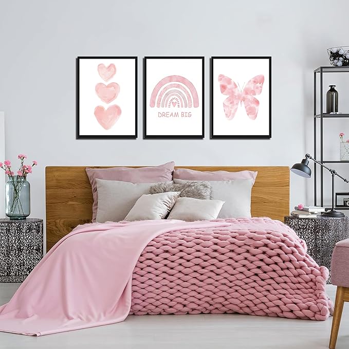 Pink Girls Nursery Wall Art Set of 3, Girl Toddler Room Wall Decor Paintings, Kids Rainbow Butterfly Love Prints Pictures for Baby Room Bedroom Decor 16x24 Inch Wood Framed