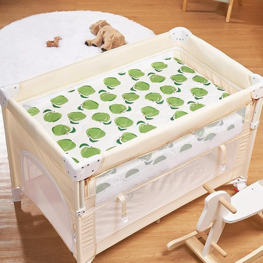 TILLYOU Pack and Play Sheet - Soft Quilted Crib Cover Pad, Toddlers Mattress Protector with 1''-3'' Deep Pocket, Thick Play Yard Playpen Sheets, Crib Mattress Pad, 39"x27", Green Apple