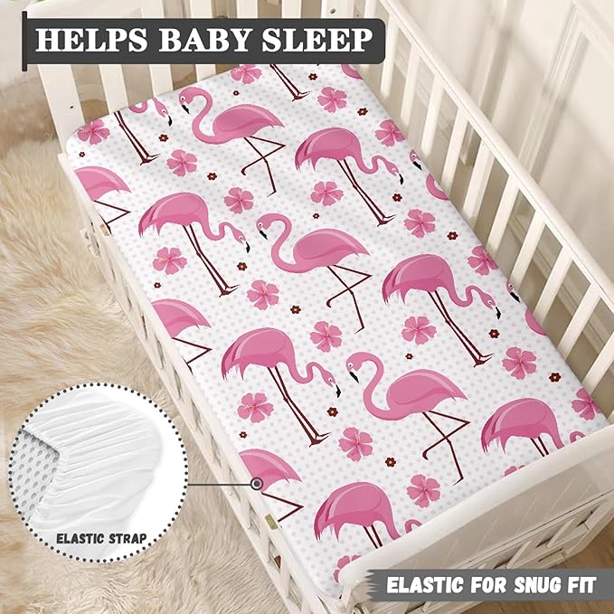 Pink Flamingos Fitted Crib Sheet for Girls Tropical Flowers Baby Sheet for Standard Crib and Toddler Cute Flamingo Nursery Bed Mattress Sheets 28"x52"