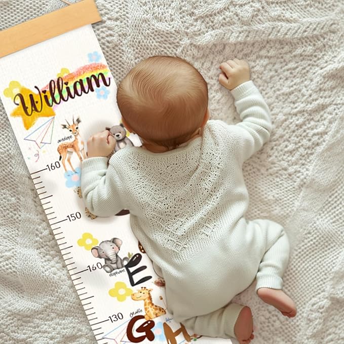 Woodemon Personalized Name Baby Height Growth Chart, Letters Canvas Height Chart for Kids Baby Toddler Boys Girls, Canvas&Wood Growth Chart for Wall Room Nursery Decor, Hanging Rulers