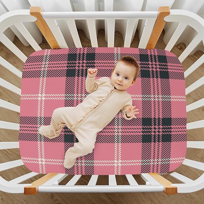 Baby Crib Sheets Fitted Crib Sheet Standard Crib and Toddler Mattress for Boys Girls 39 * 27in Pink Starfish Shell Pattern (Pink and Black Plaid 33, Small)