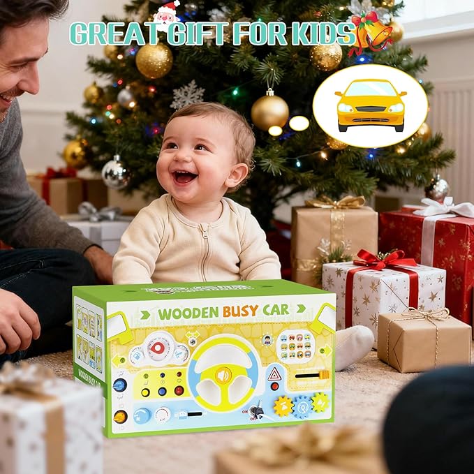 Montessori Car Busy Board for Toddlers, Wooden Sensory Steering Wheel Activity Baby Toy with Lights, Buttons, Gears & Key Start, Kids Interactive Educational Toys for Boys Girls