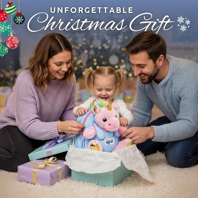 Naturally KIDS【Upgraded Toddler Backpack w Removable Pink Unicorn Toy for Girls Age 2-6 | Side & Inner Pockets, Reflective Logo, Name Tag | Cute Christmas & Birthday Gifts