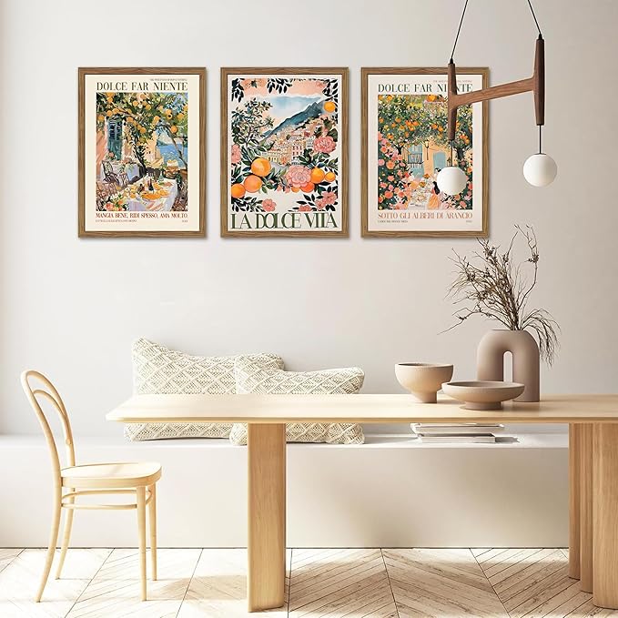 Framed Italian Scenery Wall Art Set of 3, Amalfi Coast Kitchen Wall Art, Vintage City Landscape Canvas Print, Trendy Italian Food Pictures Artwork for Living Room Dining Room – 16x24 inch