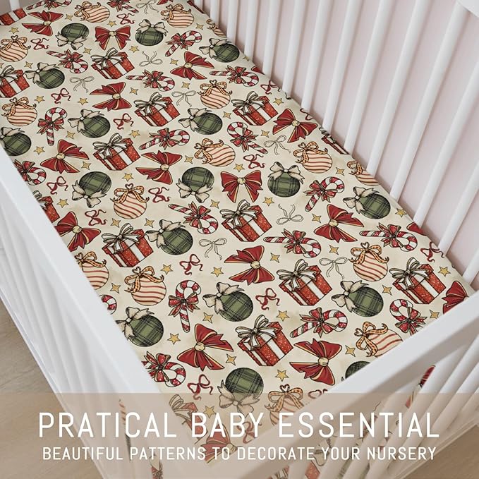 Vintage Christmas Baby Crib Sheets for Boy Girl Cute Christmas Bows Gift Balls Candy Glitter Soft Snug Fitted Crib Mattress Covers for 52x28 Standard Crib & Toddler Mattress Winter Holiday Bed Sheet