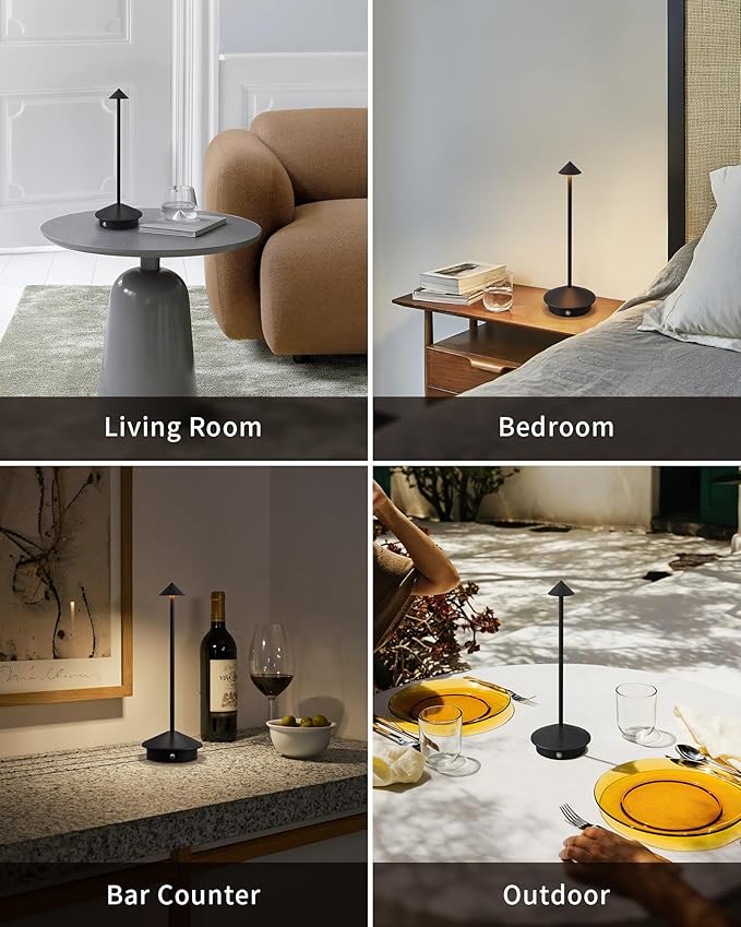 NEWSEE Modern Cordless Table Lamp Set of 2, Portable LED Desk Lamps, 5000mAh Rechargeable Battery Operated Lighting for Bedroom Dining Room Restaurant Coffee Shop Camping Night Light (Black)