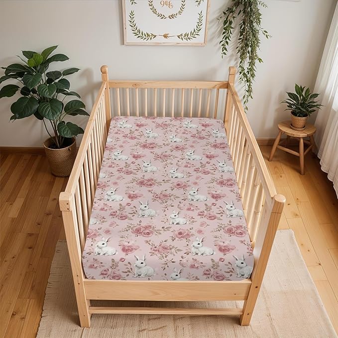 Spring Bunnies Pink Roses Baby Crib Sheets for Boy Girl 52x28Inch Cute Rabbits Flowers Soft Snug Fitted Crib Mattress Cover Spring Garden Baby Sheet for Standard Crib and Toddler Bed Mattress
