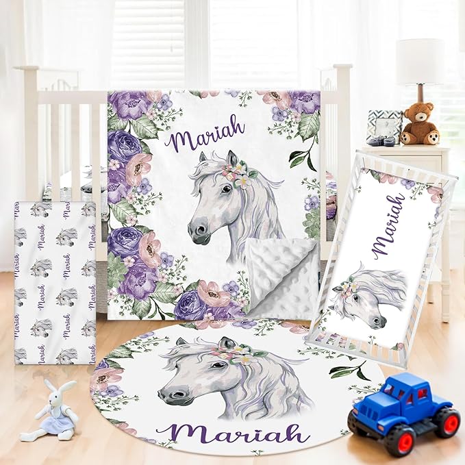 Personalized Crib Bedding Set - 4 Piece Custom Gift Purple Horse Crib Bed Set with Name, Soft Double Layer Blanket Set for Infant Baby Girl, Nursery Bedding Set for Toddler Boys