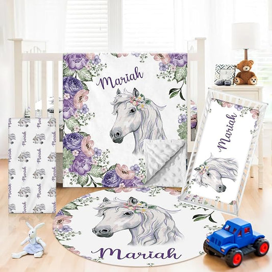 Personalized Crib Bedding Set - 4 Piece Custom Gift Purple Horse Crib Bed Set with Name, Soft Double Layer Blanket Set for Infant Baby Girl, Nursery Bedding Set for Toddler Boys