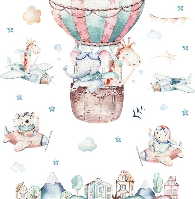 Ollaland Flying Animals Wall Decals - Peel and Stick Hot Air Balloon Animals Wall Stickers, Aircrafts Decor for Baby Nursery, Toddler & Kids Bedroom Walls - Airplanes, Elephant, Giraffe, Bear